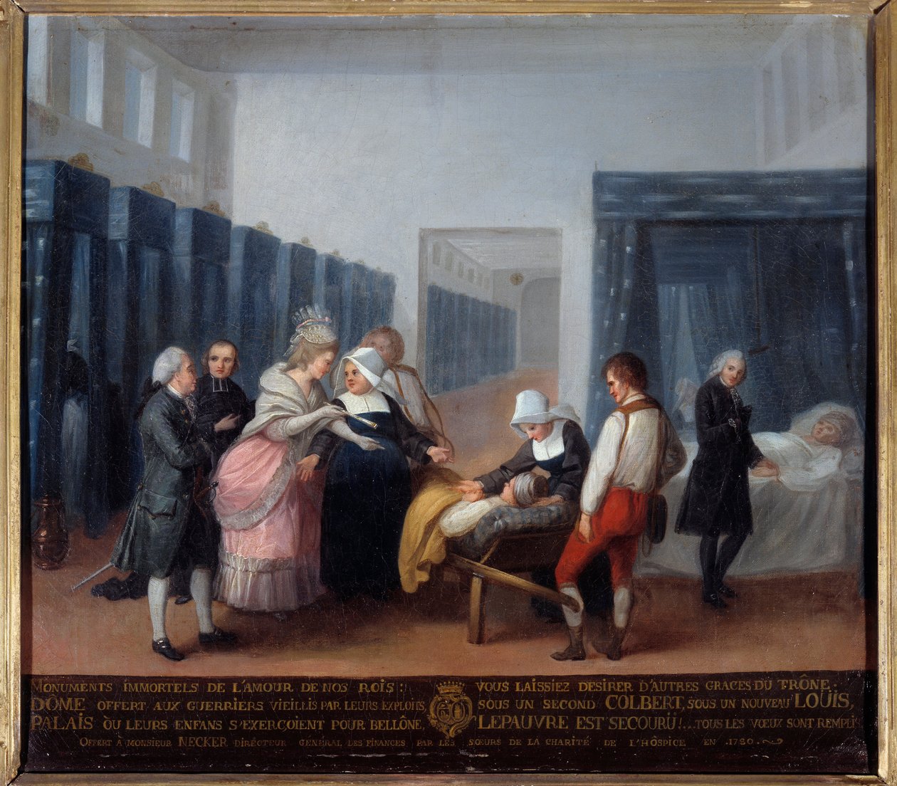 Bezoek van Monsieur en Madame Necker aan het hospitaal van liefdadigheid door French School