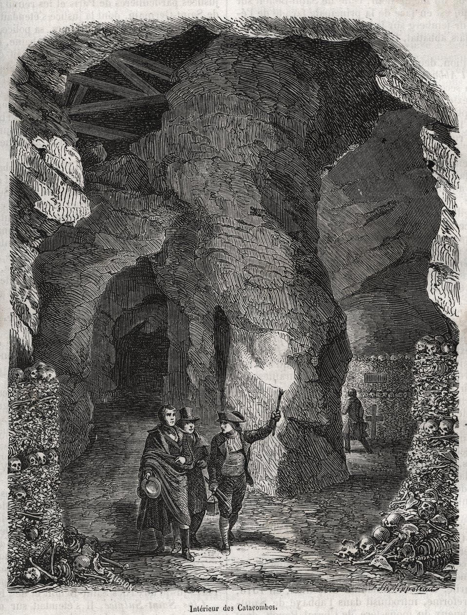 Bezoek aan de Catacomben van Parijs in de 19e eeuw - Gravure in 