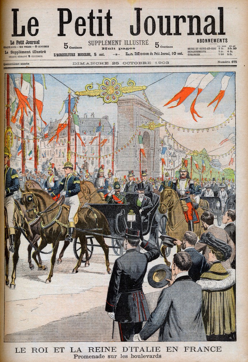 Bezoek van de koning en koningin van Italië aan Frankrijk. De koning en koningin van Italië in Frankrijk. Promenade op de boulevards met de president van de Franse Republiek Emile Loubet - Illustratie voor Le Petit Journal, 25 oktober 1903 - Victor Emmanue door French School
