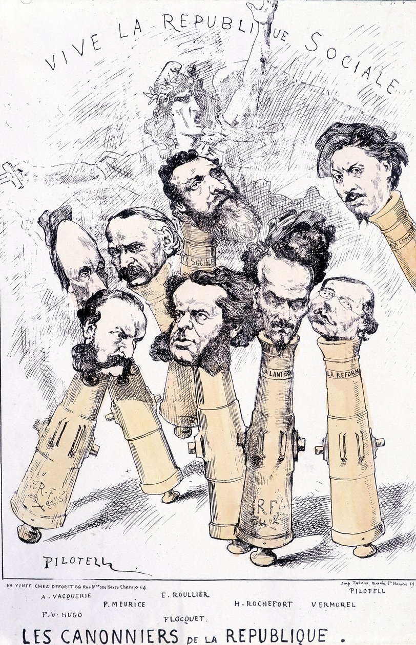 Leve de sociale Republiek - De kanonniers van de Republiek: A. Vacquerie, F.V. Hugo, P. Meurice, E. Roullier, Flocquet, H. Rochefort, Vermorel, Pilotell. Cartoon door French School