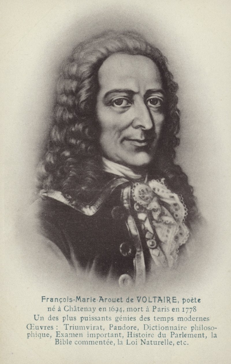 Voltaire (1694-1778), Frans schrijver, filosoof en toneelschrijver (litho) door French School