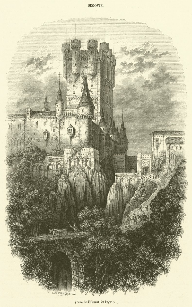 Gezicht op het Alcázar van Segovia (gravure) door French School