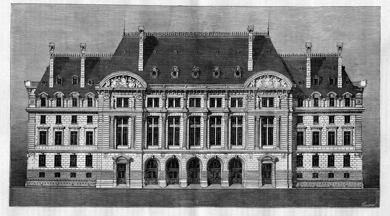 Buitenaanzicht van de nieuwe gebouwen van de Sorbonne in Parijs door French School