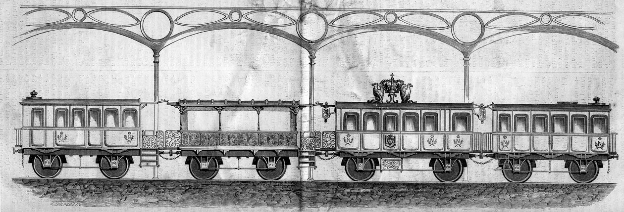 Wagons bezet door keizer Napoleon III (1808-1873) tijdens de reis van Parijs naar Cherbourg in 1858. Gravure in 