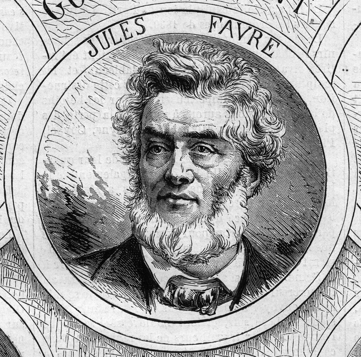 Oorlog van 1870 - Regering van de Nationale Verdediging: portret van Jules Favre (1809-1880), lid van de voorlopige regering van 1870. Gravure in 