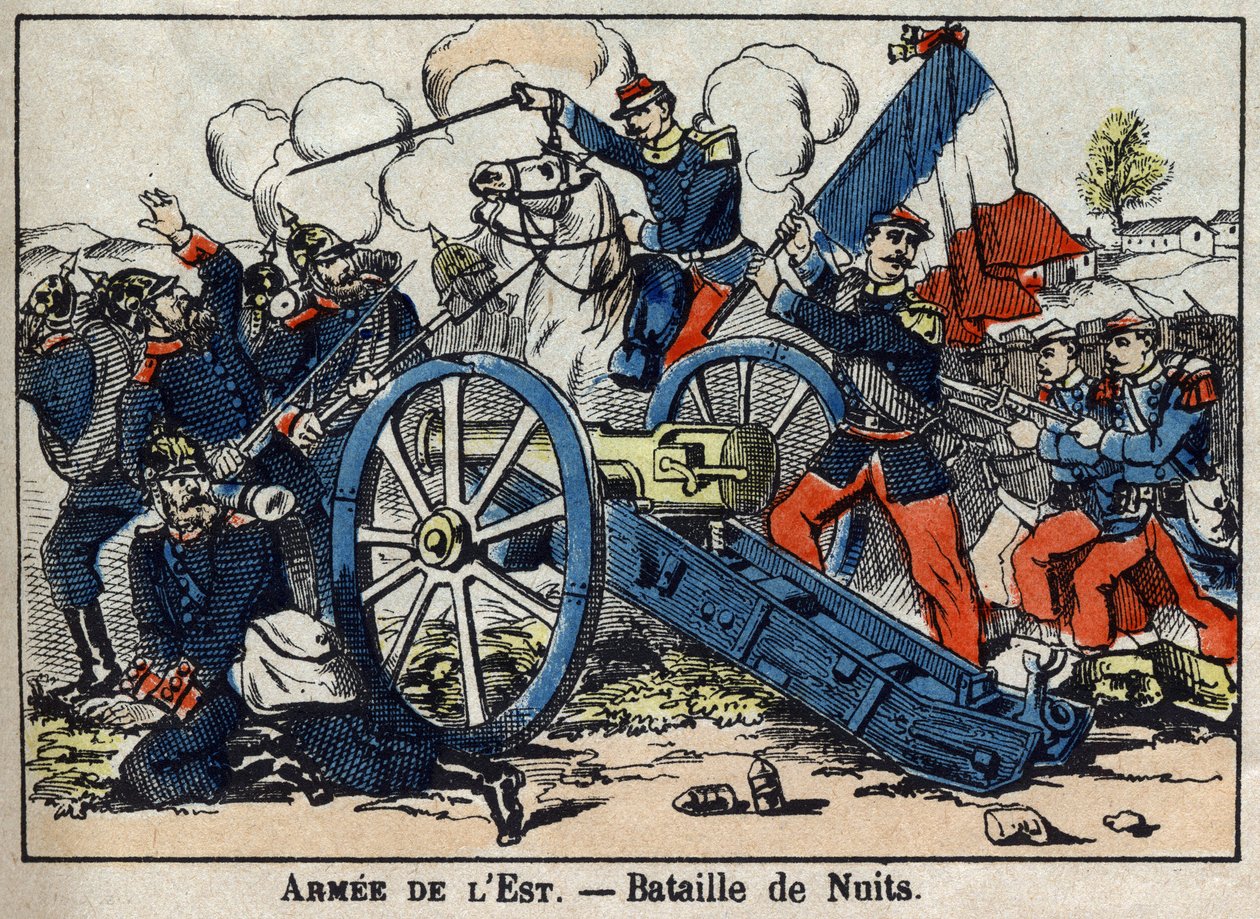 Oorlog van 1870 tussen Frankrijk en Pruisen: Slag bij Nuits-Saint-Georges in de Goudkust tussen de Duitsers en het Oostelijke Leger in 1870. Epinal Afbeeldingen door French School