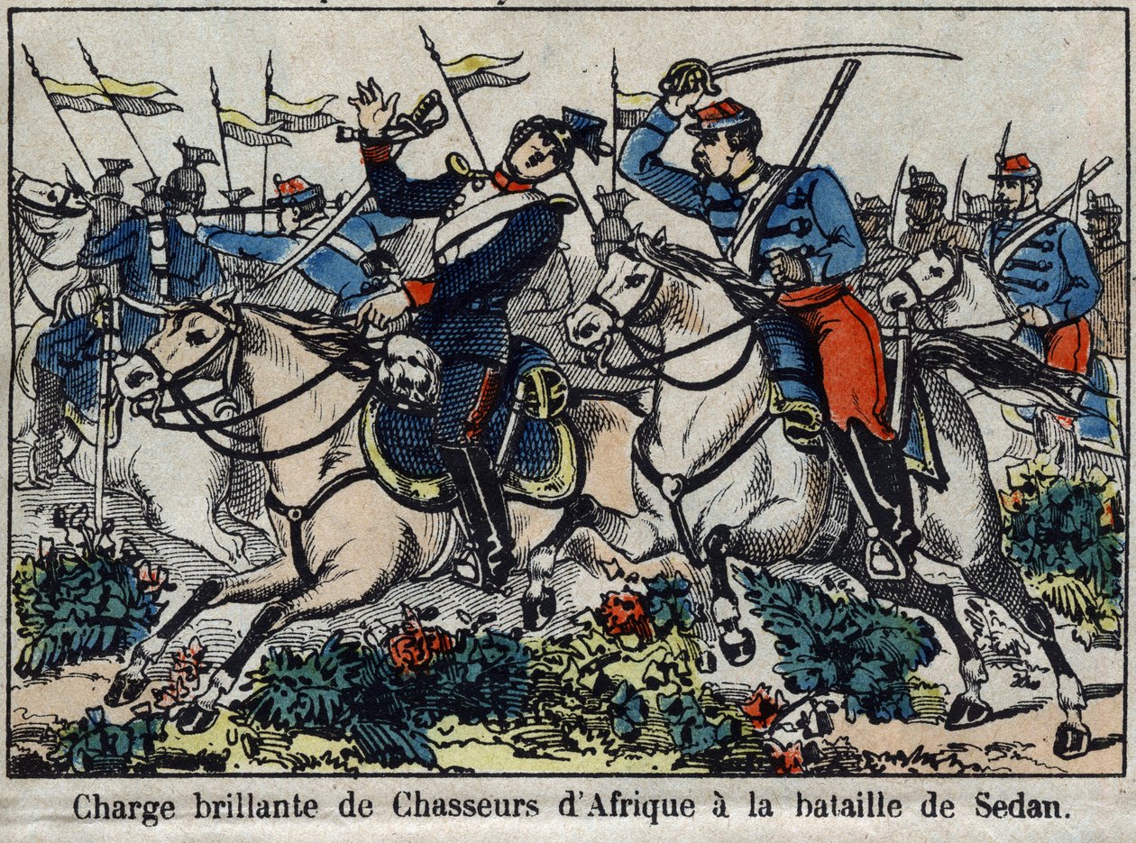 Oorlog van 1870 tussen Frankrijk en Pruisen: aanval van Afrikaanse jagers bij de Slag om Sedan in 1870. Afbeelding van Epinal door French School