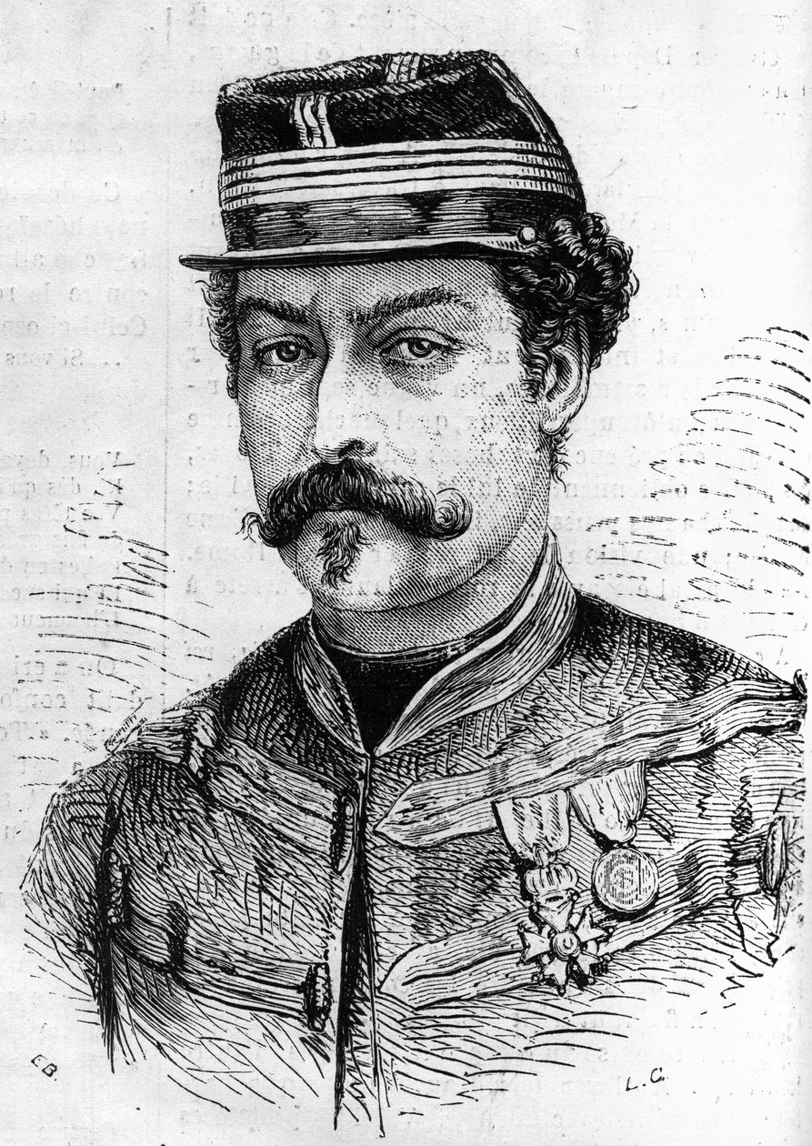 Oorlog van 1870: portret van Leon Franchetti (1834-1870), Franse soldaat, commandant van de Scouts van de Seine. Gravure in 
