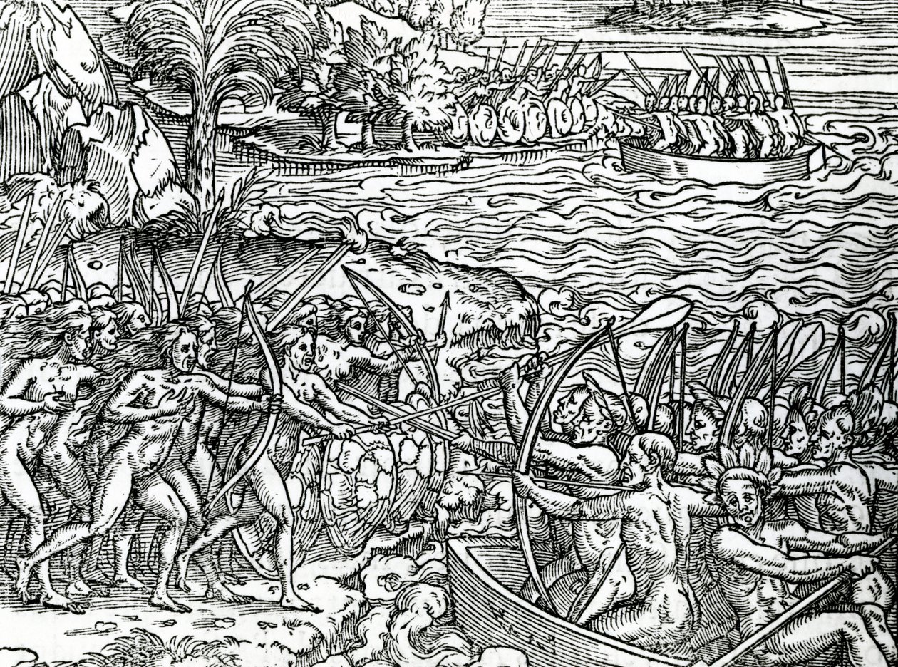 Oorlogsscène, Brazilië, illustratie uit "Singulariteiten van Frankrijk Antarctique", door Andre de Thevet, 1558 door French School