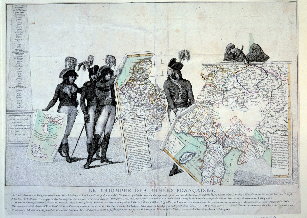 Oorlogen van de Revolutie: Generaal Napoleon Bonaparte (1769-1821) met een kaart van Italië (ten tijde van de Italiaanse Campagne) om de puzzel van de door Frankrijk veroverde gebieden te voltooien. Links waarschijnlijk generaals Hoche, Pichegru en Jean Vi door French School