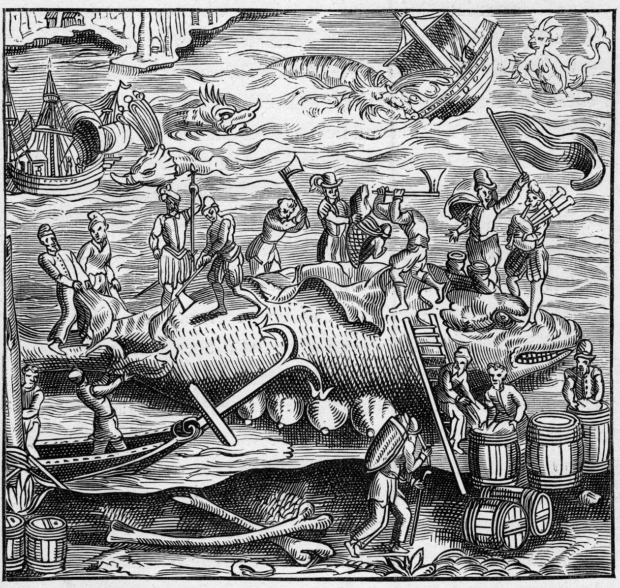 Walvisvangst aan de Franse kust van de Atlantische Oceaan in de Middeleeuwen. Gravure in 