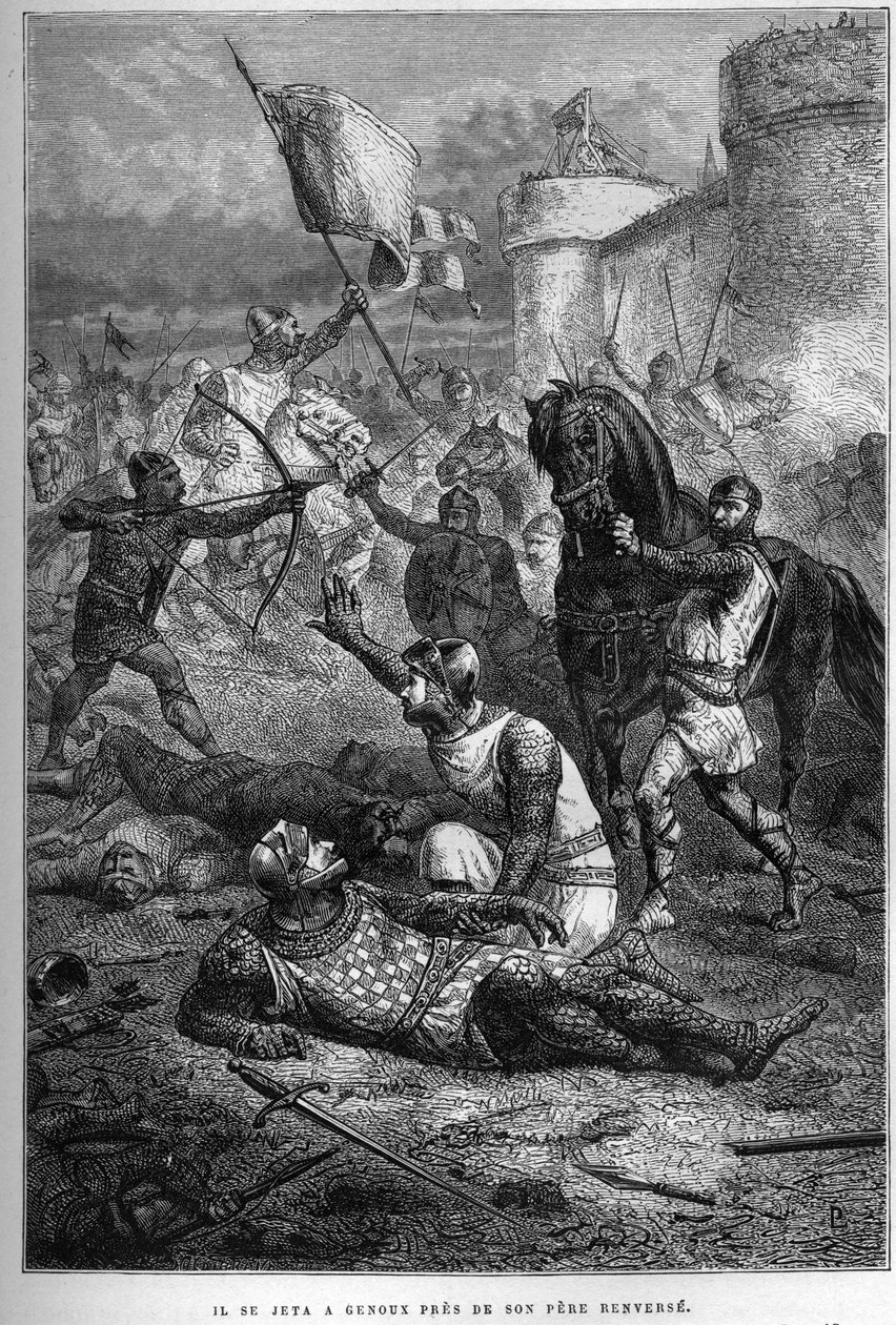 Willem I wordt gewond door zijn zoon Robert tijdens gevechten in Frankrijk, 1076 - Opstand van Robert Courteheuse door French School