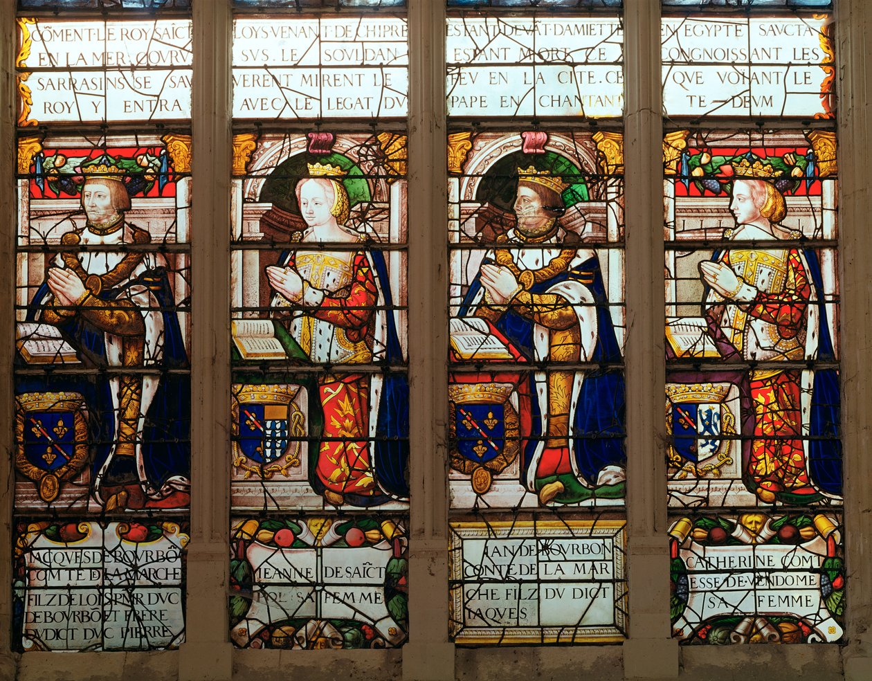Raam met Jacques de Bourbon (1315-61) Graaf van de Marche, Jeanne de Chatillon-Saint-Pol (overleden 1371) Jean I de Bourbon (1361-94) en Catherine, Gravin van Vendome door French School