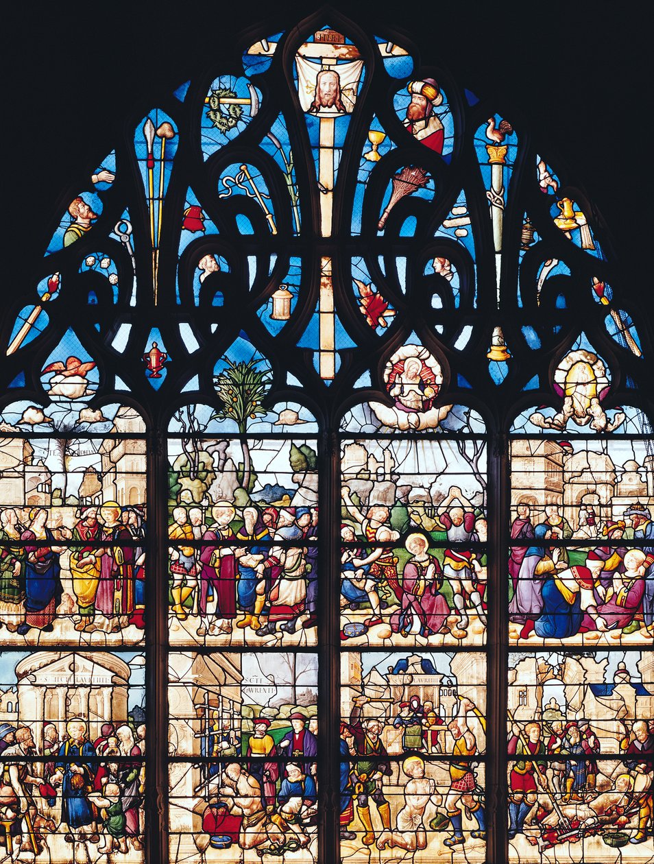 Raam dat scènes uit het leven van St. Stefanus en St. Laurentius uitbeeldt, uit de Chapelle Bonne-Mort door French School