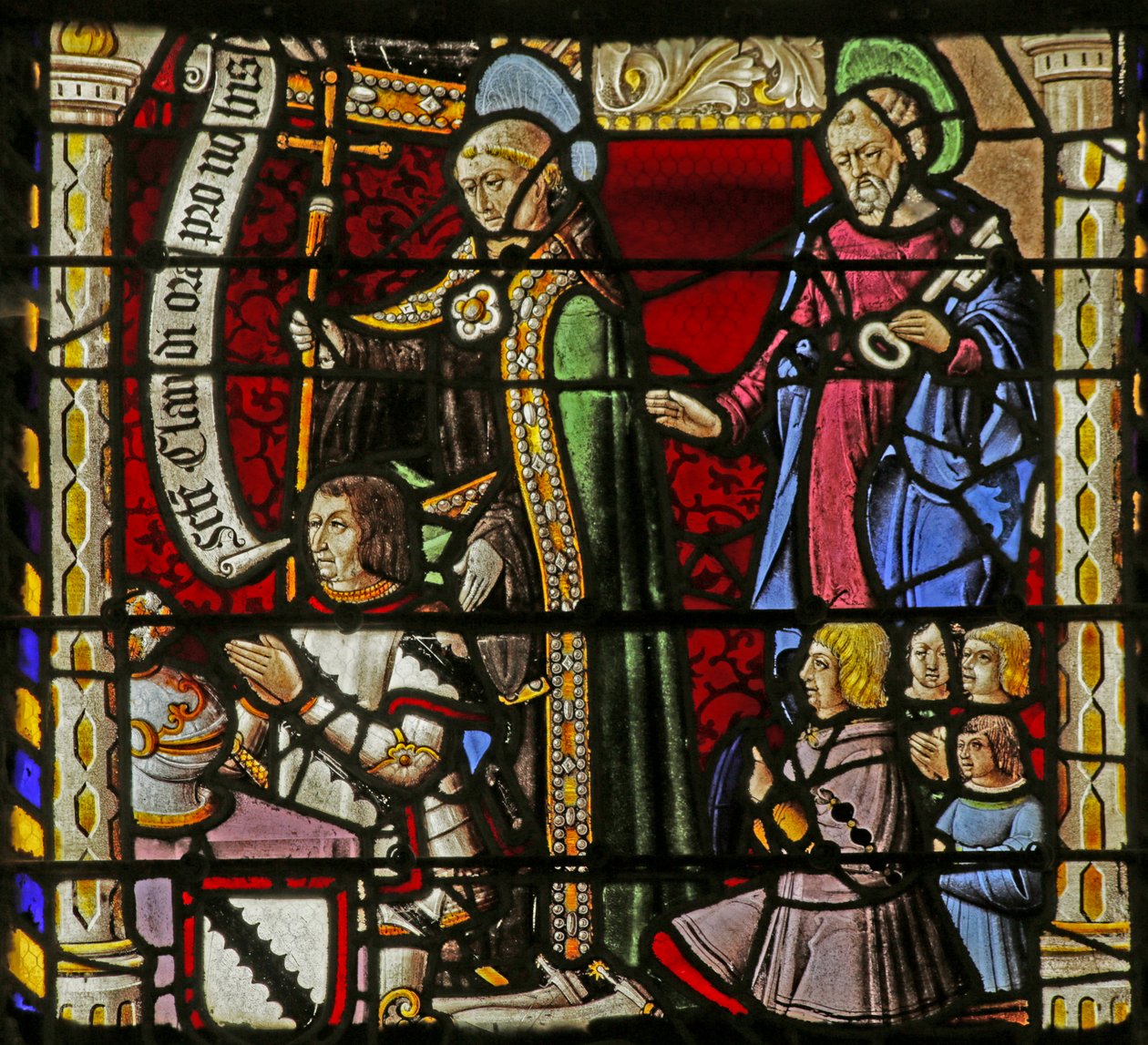 Raam met de schenkers Claude de Crépy en zonen met Sint Claude en Sint Petrus door French School