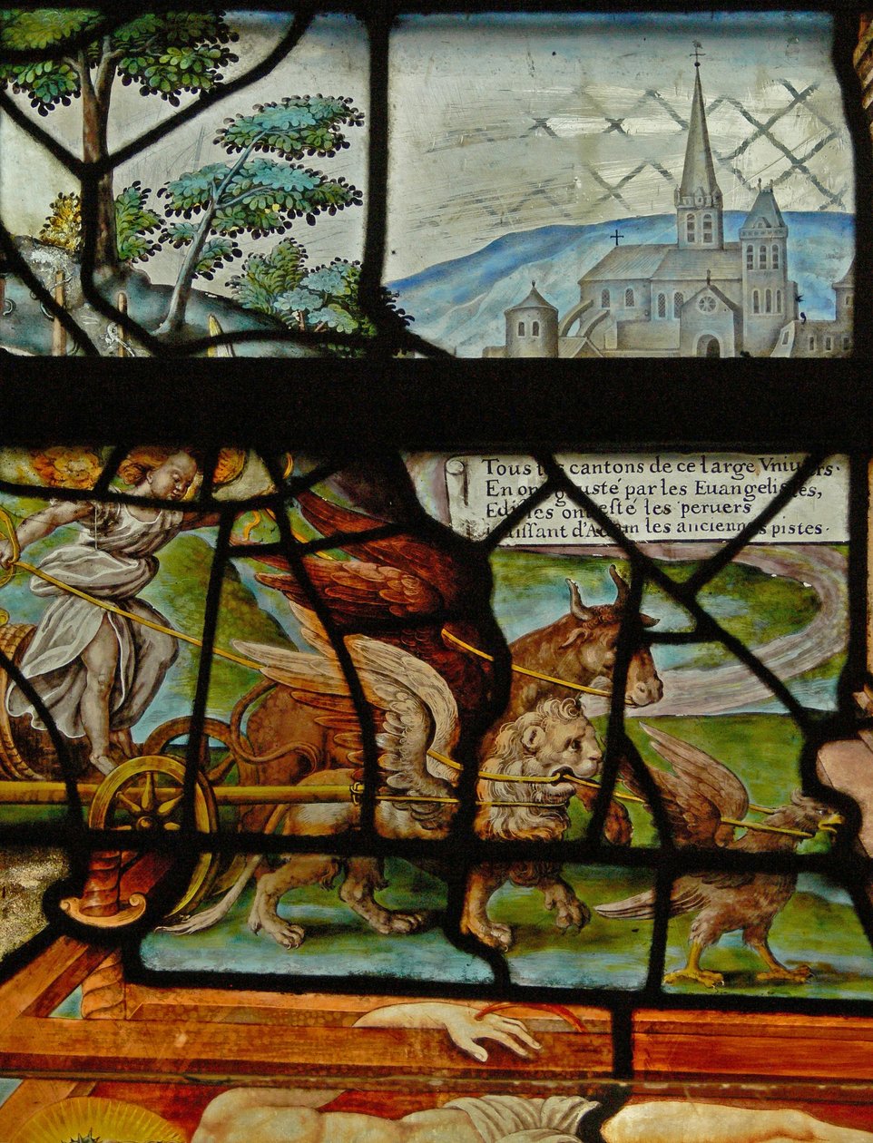 Raam in het Charnier (w.11) met een detail van de Mystieke Wijnpers door French School