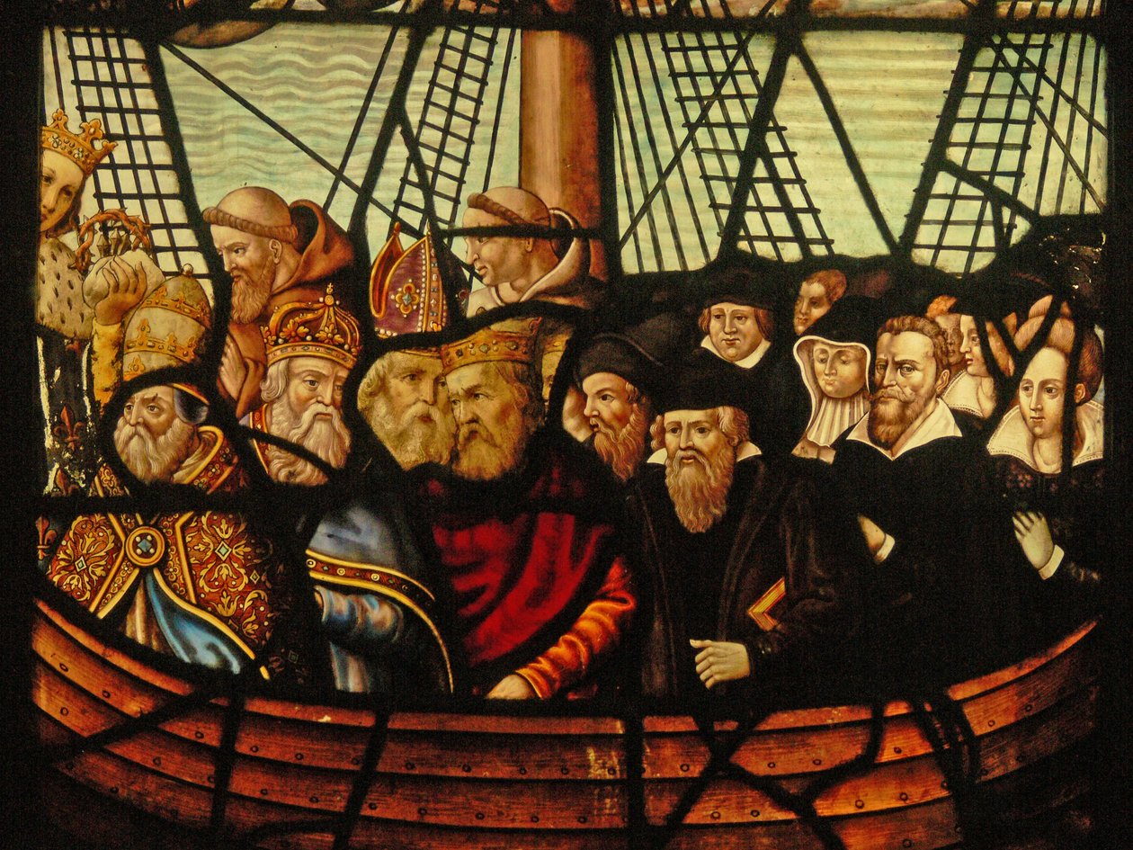 Raam in het Charnier (w.3) met de Ark van de Kerk en Christus met een boot vol gelovigen door French School