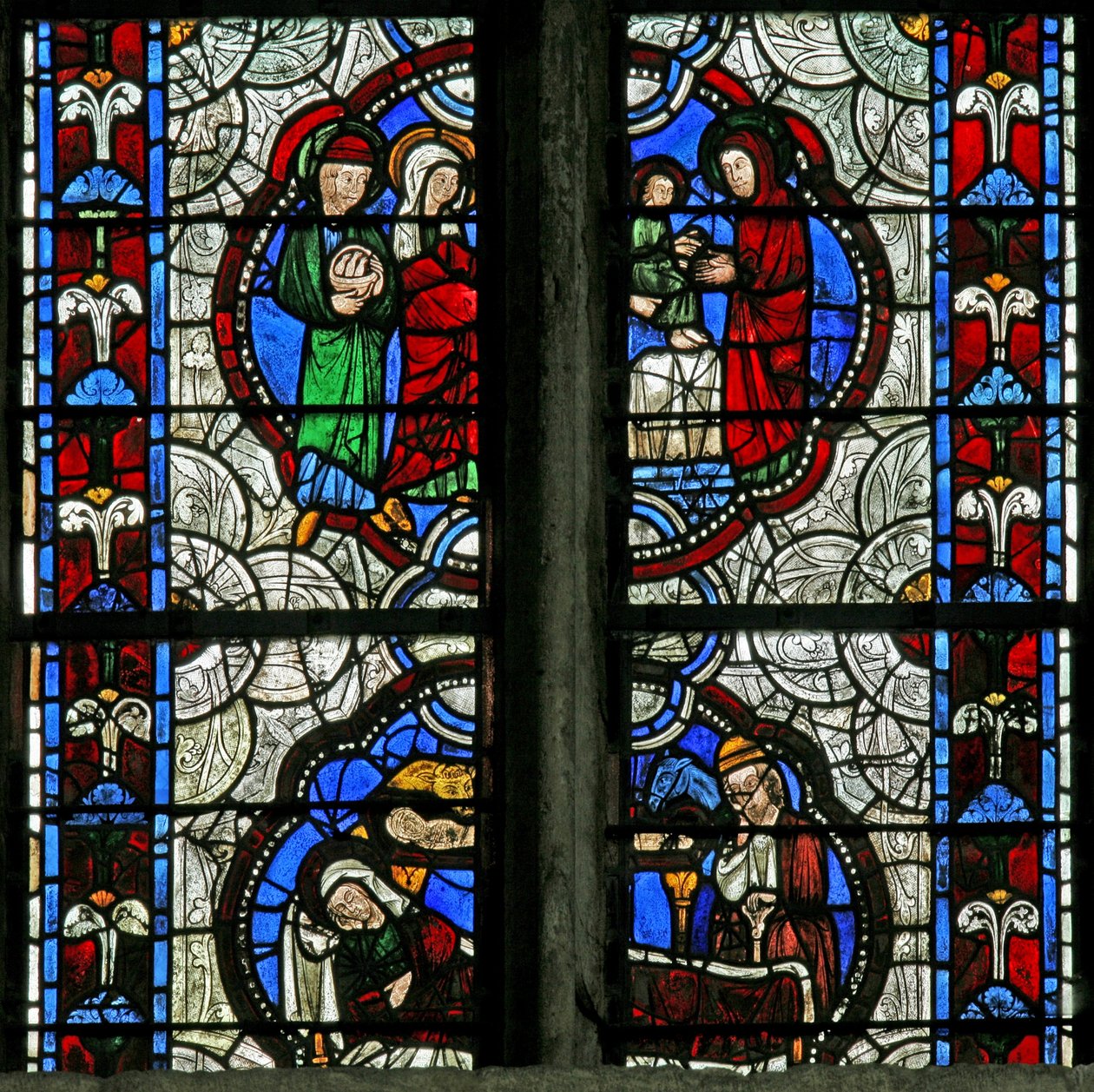 Ruit n3 met de Geboorte en de Presentatie in de Tempel door French School