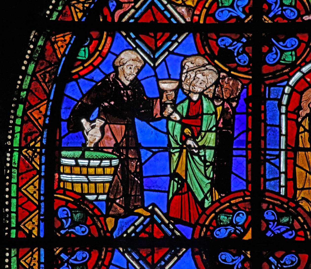 Raam w06 met pelgrims bij het graf van St. Julianus van Brioude waar wijn wordt uitgedeeld door French School