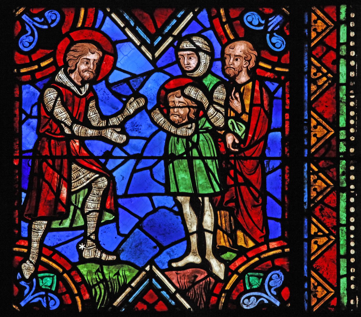 Raam w06 met het verhaal van St. Julianus van Brioude - St. Ferreol, een vriend van Julianus, die stierf tijdens de vervolgingen van Diocletianus, ontvangt Brioudes hoofd na zijn executie door French School