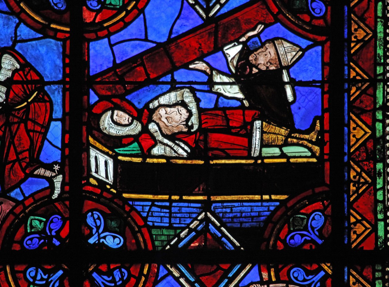 Raam w06 met het verhaal van St. Julianus van Brioude - de dood van St. Ferreol, een vriend van Julianus, die stierf tijdens de vervolgingen van Diocletianus; St. Ferreol wordt begraven met het hoofd van St. Brioude. Ze worden ontdekt door French School