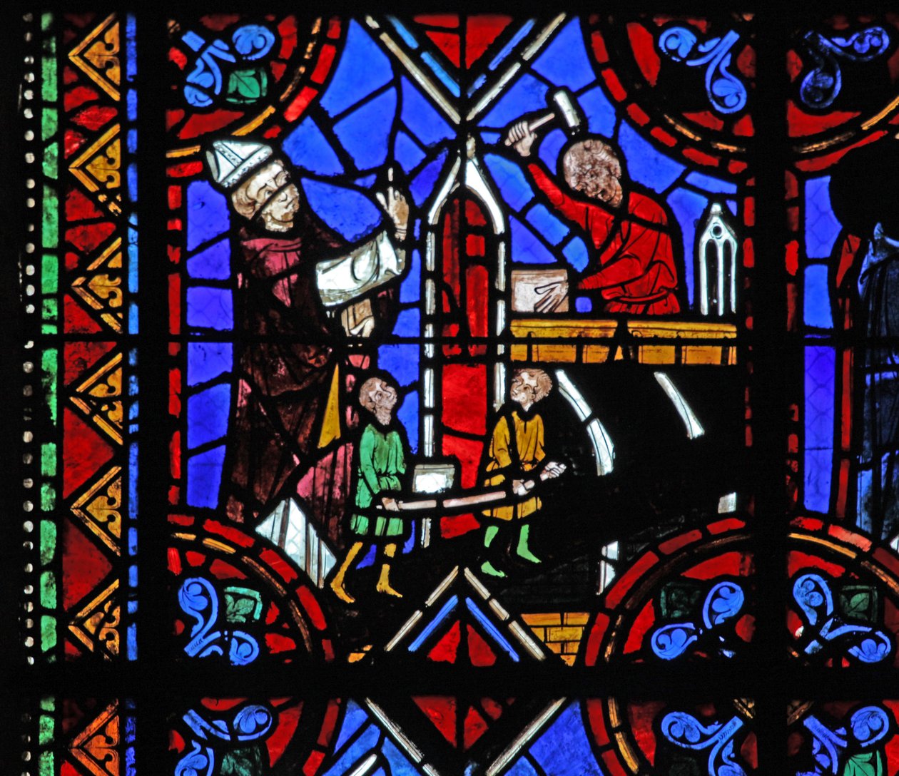 Raam w06 met de bouw van een kerk door French School