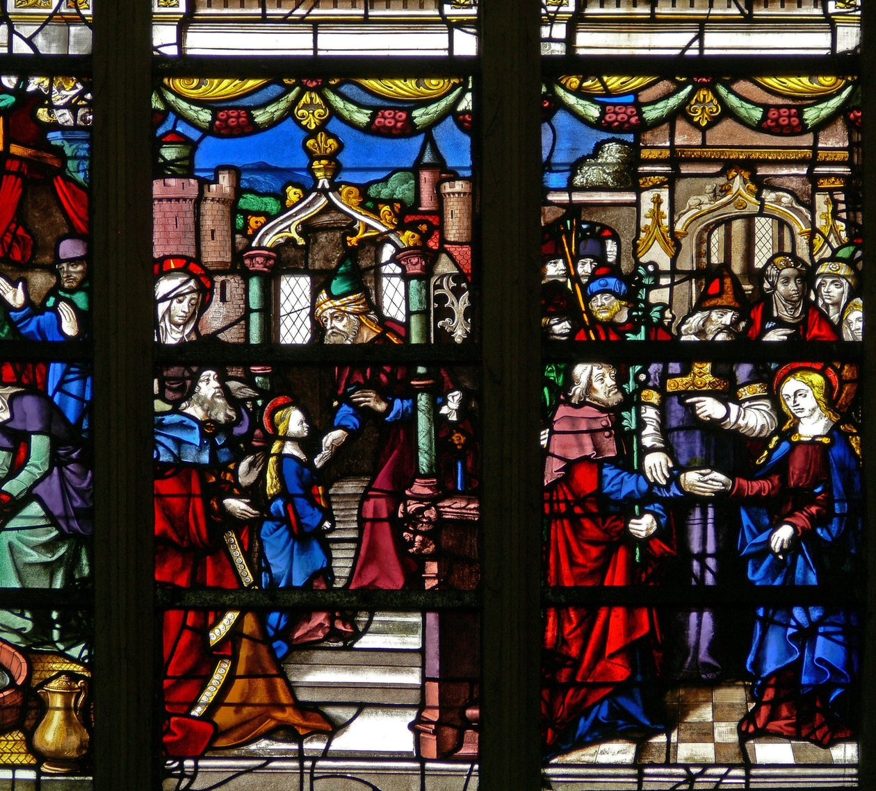 Raam w105 met de Maagd Maria - Haar Huwelijk; de Tempel door French School