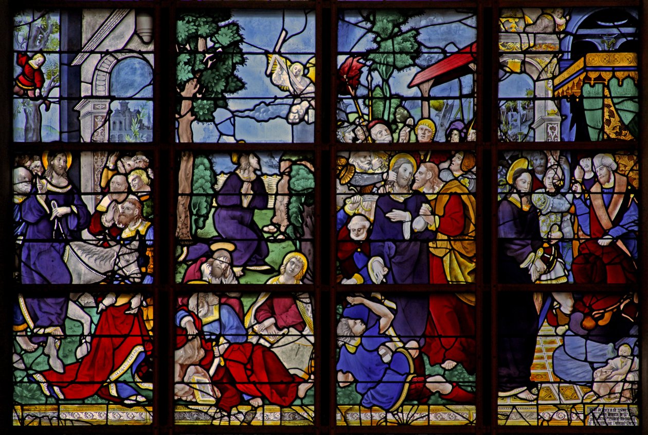 Raam w10 met afbeelding van 4 scènes: de intocht in Jeruzalem, in Gethsemane, het verraad, voor Kajafas door French School