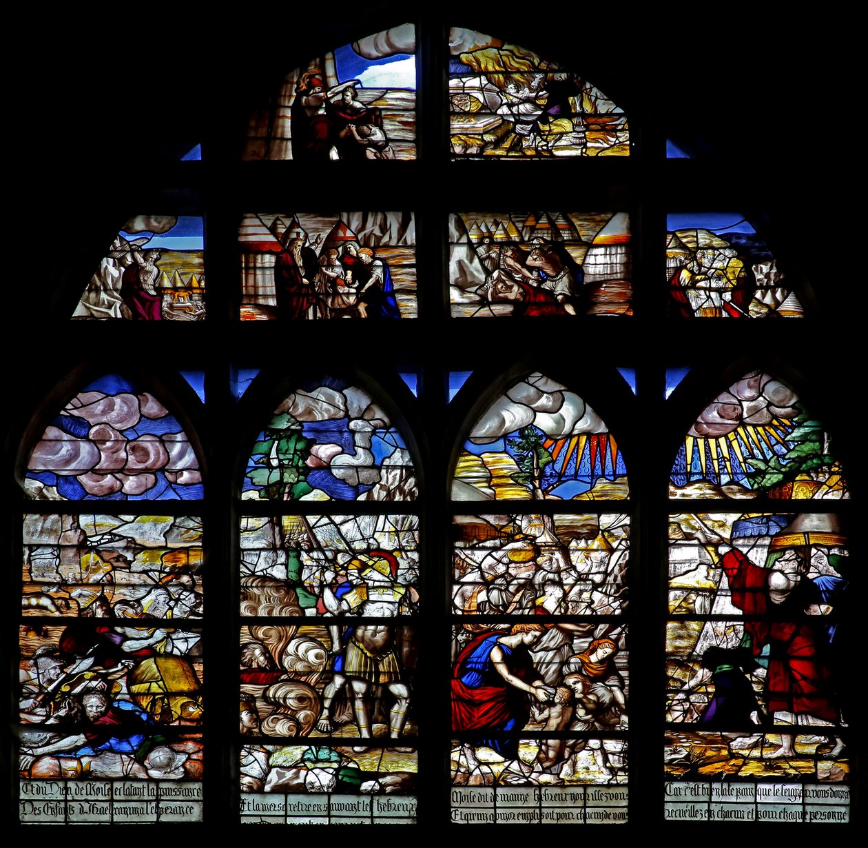 Raam w128 met scènes uit de geschiedenis van Mozes; doortocht door de Rode Zee; verzamelen van manna door French School