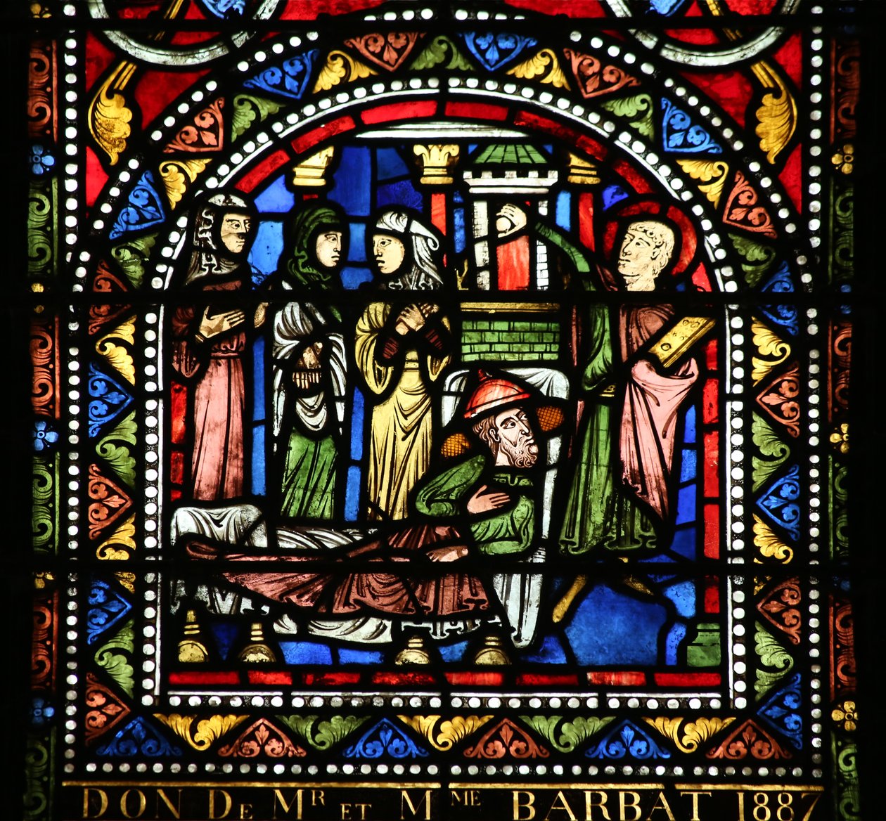 Raam w13 met de Maaltijd bij Simon. Maria Magdalena wast de voeten van Christus door French School