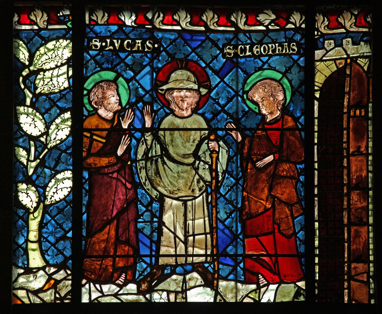 Venster w14 met de ontmoeting met Christus op de weg naar Emmaüs: Sint-Lucas en Sint-Cleophas door French School