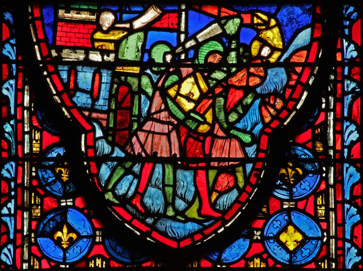 Raam w15 Heilige Relikwieën: Croesus, koning van de Perzen, verwoest Jeruzalem door French School
