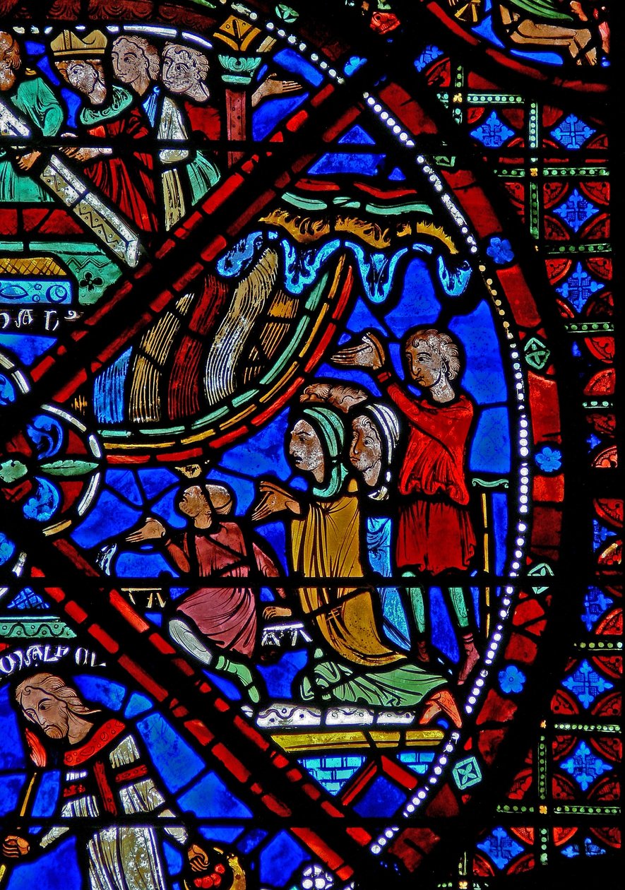 Raam w15 met het verhaal van de relieken van St. Stefanus: bij de herbegrafenis ervaren de mensen wonderbaarlijke genezingen terwijl regen op hen neerdaalt door French School