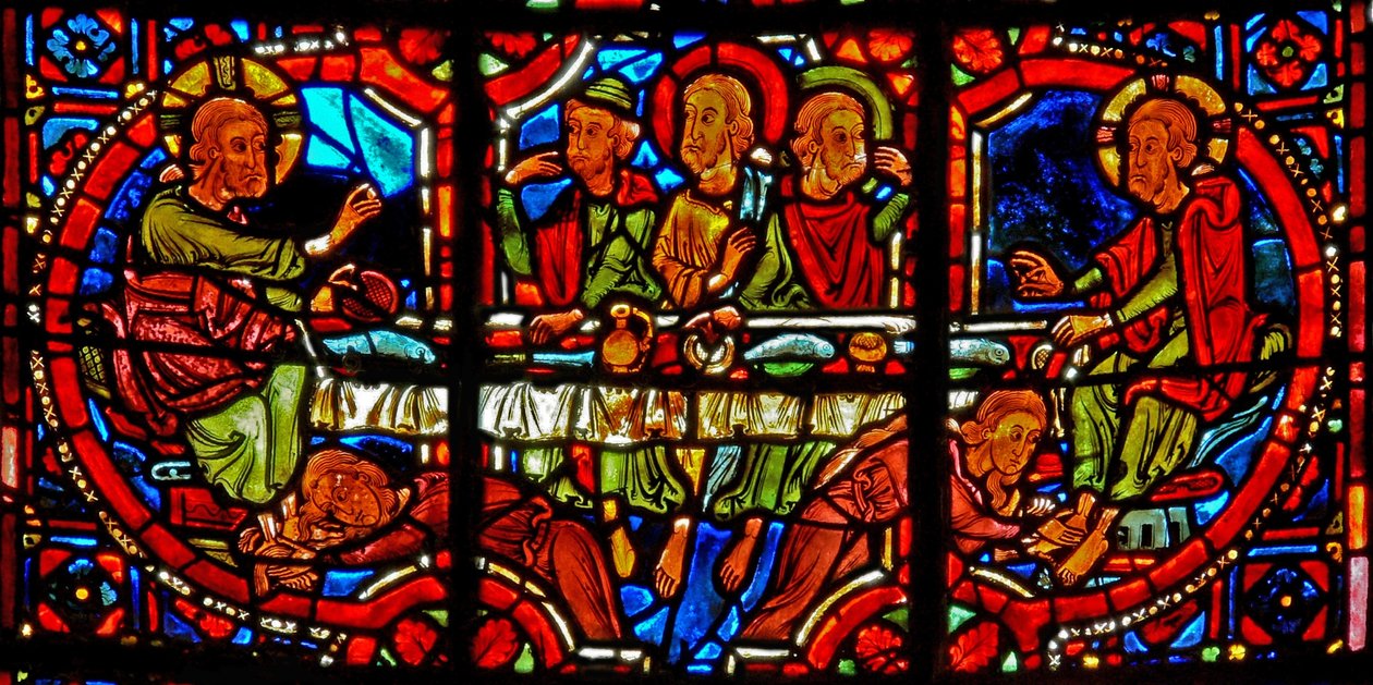 Raam w17 met een scène uit het leven van St. Maria Magdalena - de heilige wast de voeten van Christus door French School