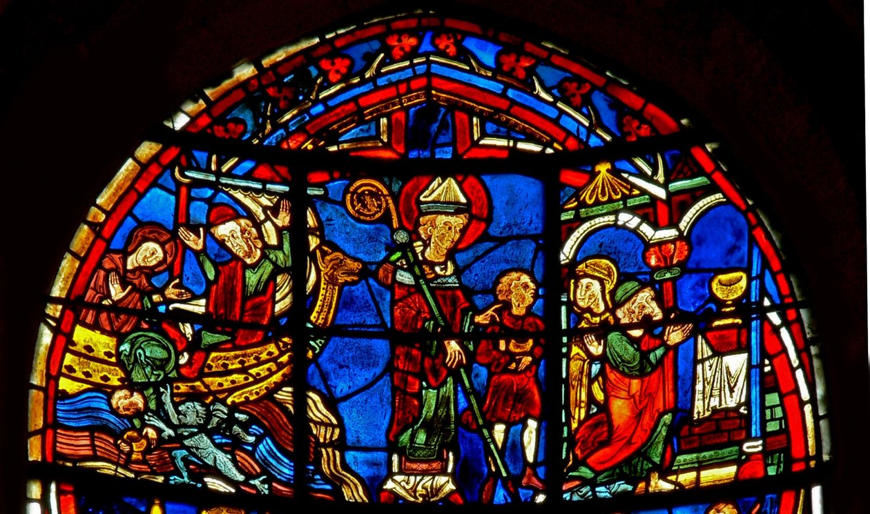 Raam w19 met St. Nicolaas redt een kind door French School