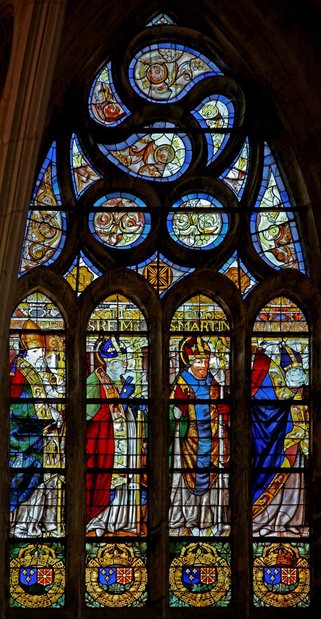Raam w201 met Sint Marceau(?), Sint Remi, Sint Martinus en Sint Denis door French School