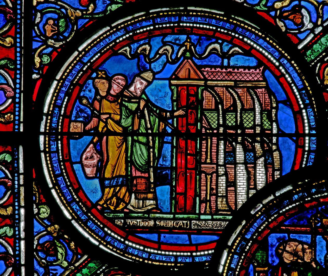 Raam w23 met St. Thomas Becket die een kerk consacreert door French School