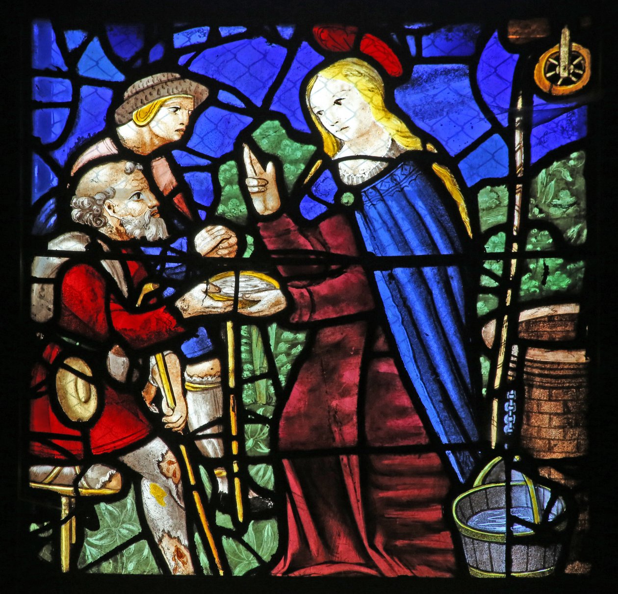 Raam w24 met St. Genevieve geeft een melaatse te drinken door French School