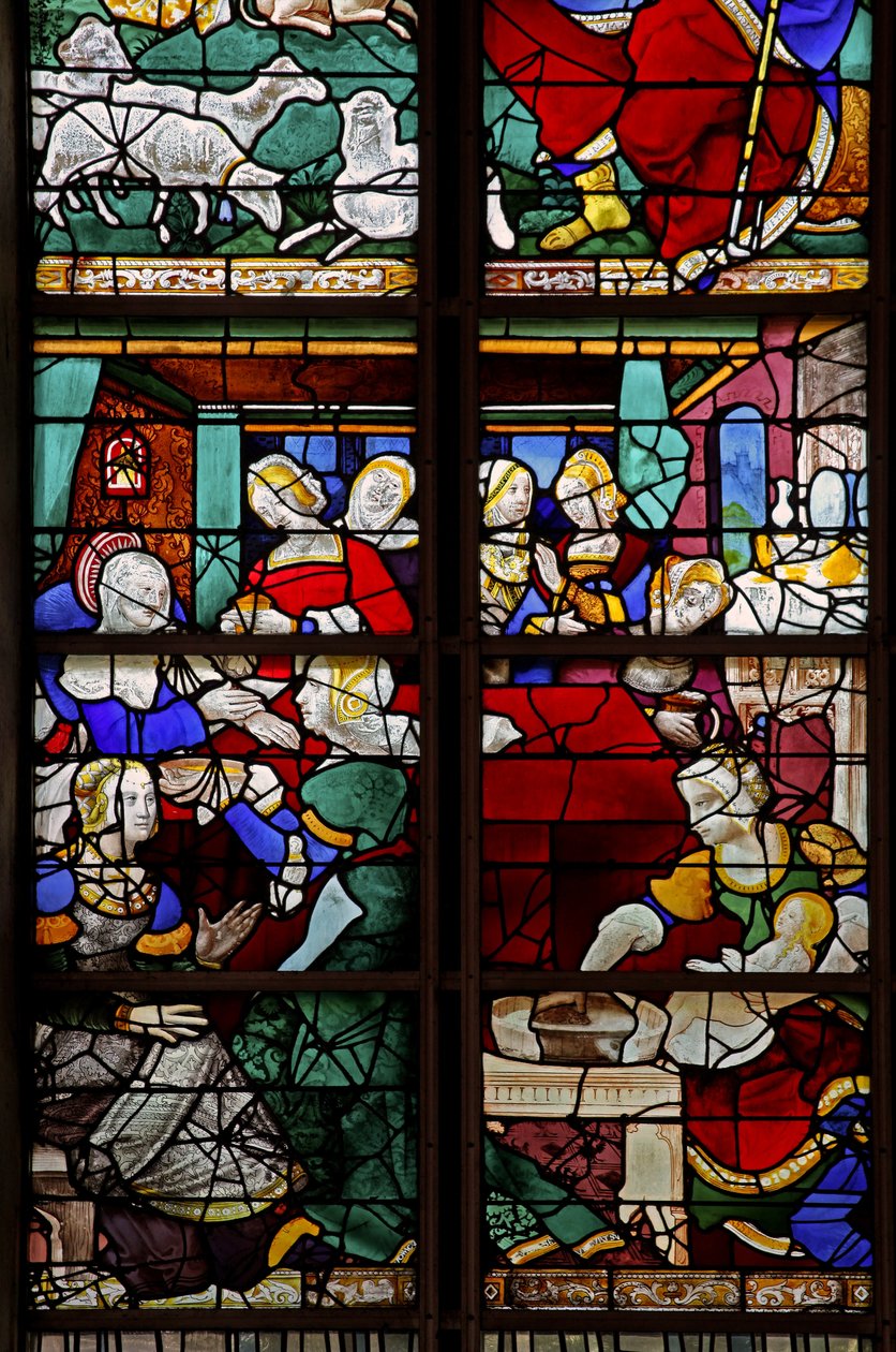Raam w2 met afbeelding van een scène uit het leven van de Maagd Maria: haar geboorte met talrijke mensen, vroedvrouwen enz. door French School