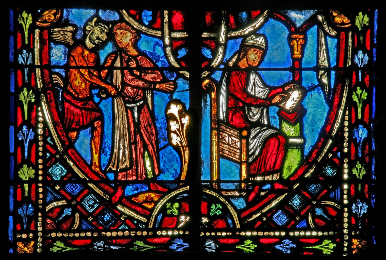 Raam w2 met een scène uit het verhaal van Theophilus (modern) door French School