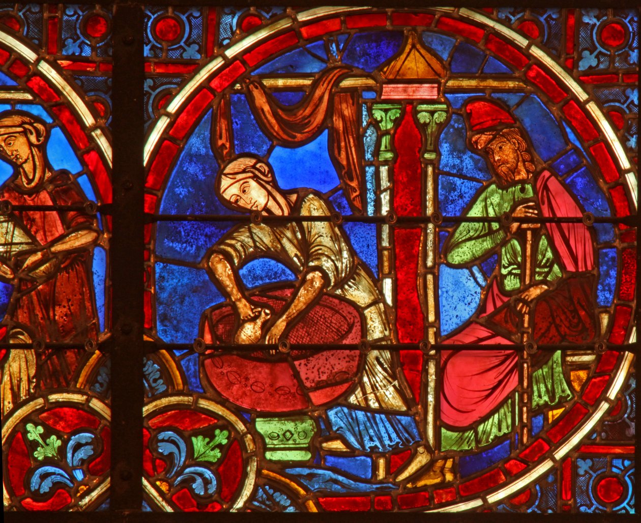 Ruit w2 met de geboorte van Christus met vroedvrouwen door French School