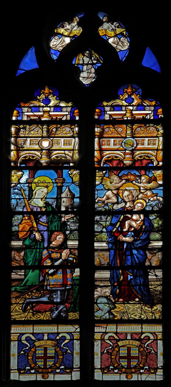 Raam w3 met afbeelding van St. Barbara en de schenker Jean de Montmorency door French School