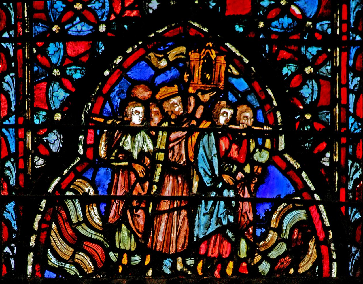 Raam w4 de Oversteek van de rivier de Jordaan met de Ark van het Verbond Jozua III:15-16 door French School