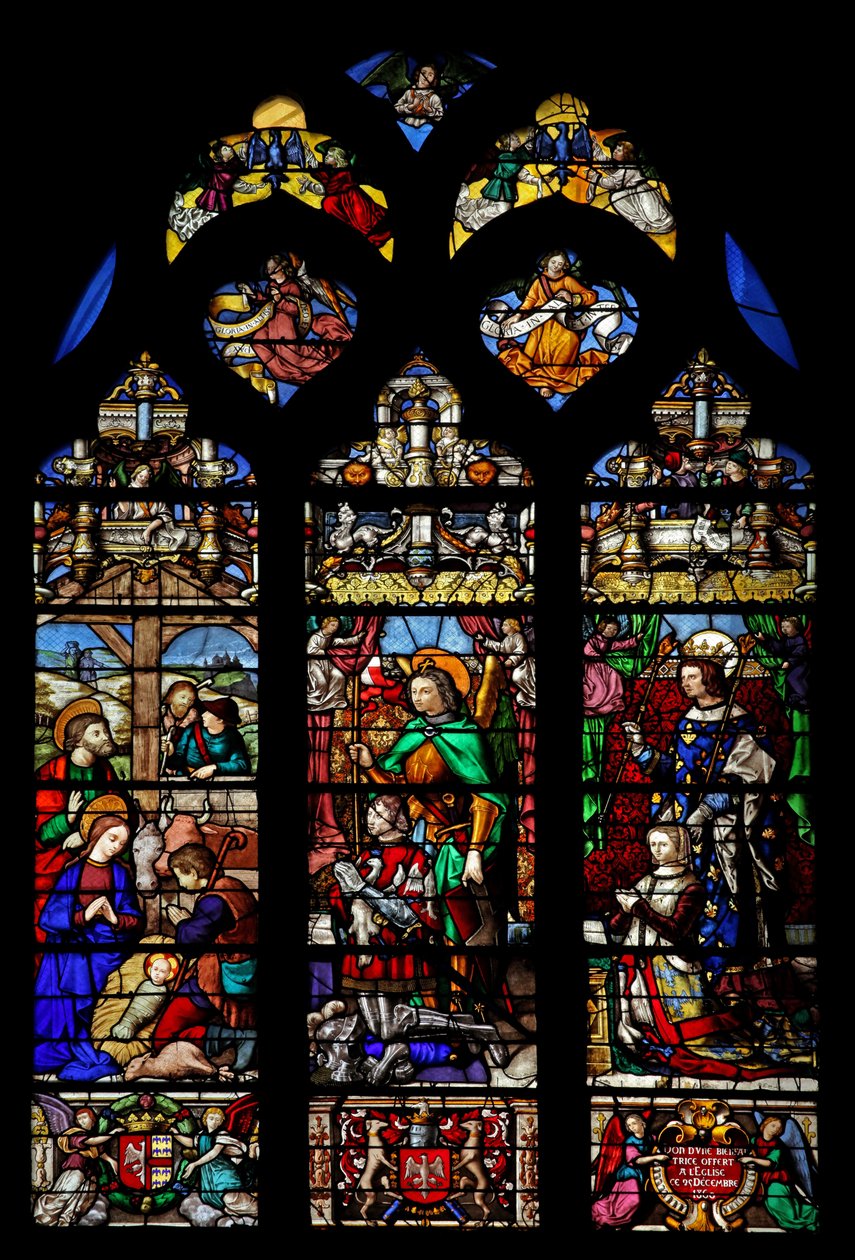 Raam w6 met afbeelding van de Geboorte met herders; schenkers Gaspard de Coligny en vrouw en patroonheiligen door French School