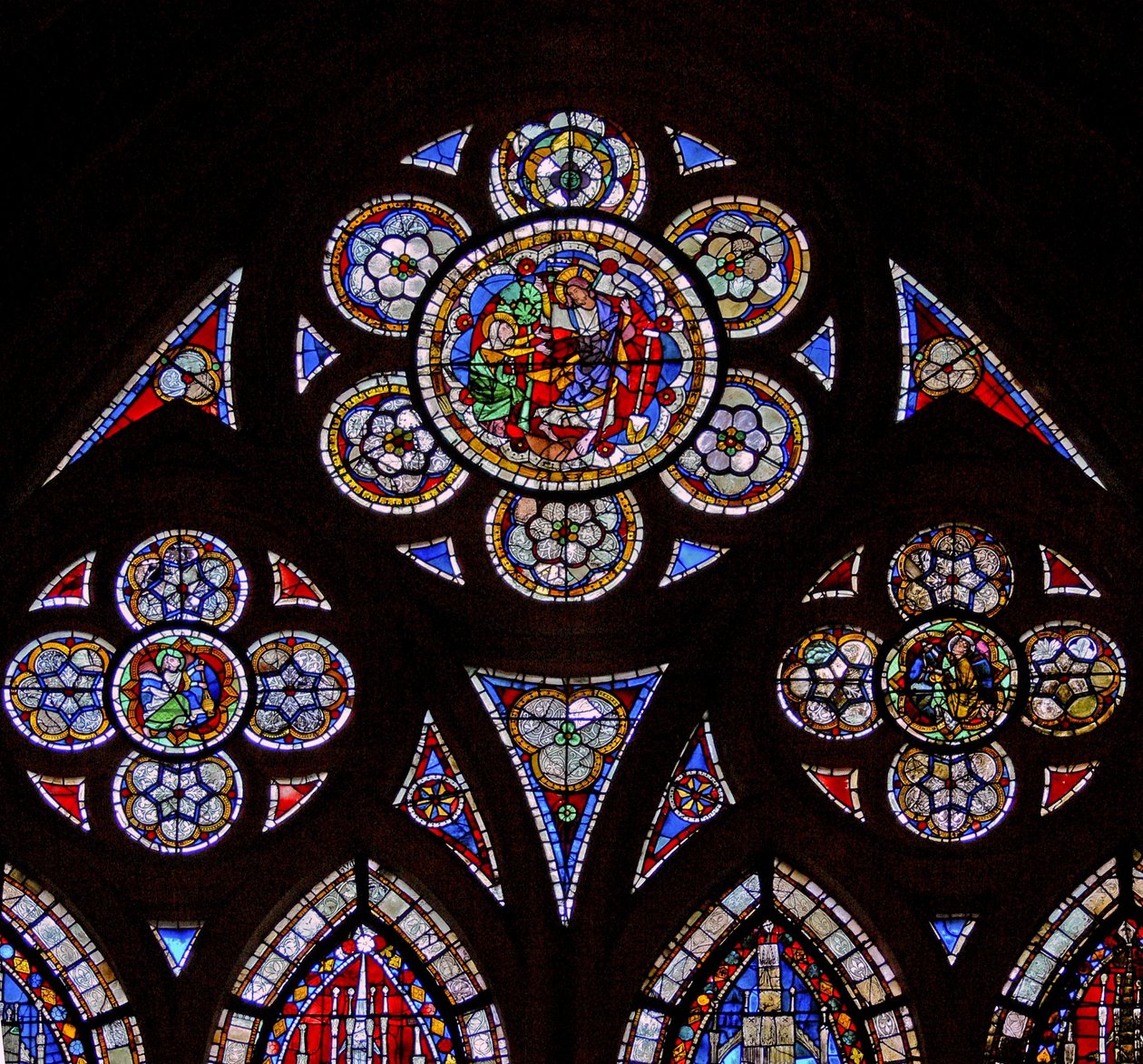 Raam w7 met de tracery lichten met twee engelen en Noli Me Tangere door French School