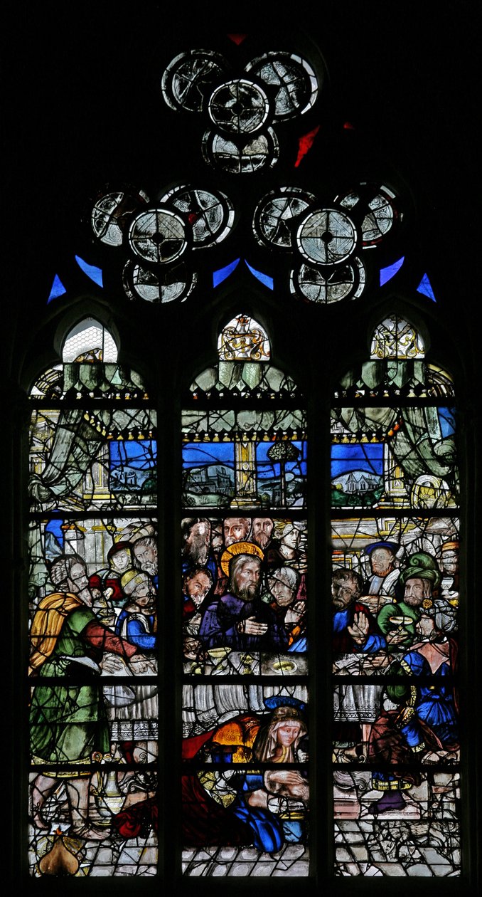 Raam w9 met de gebeurtenissen in Simons huis: Maria Magdalena wast de voeten van Christus door French School