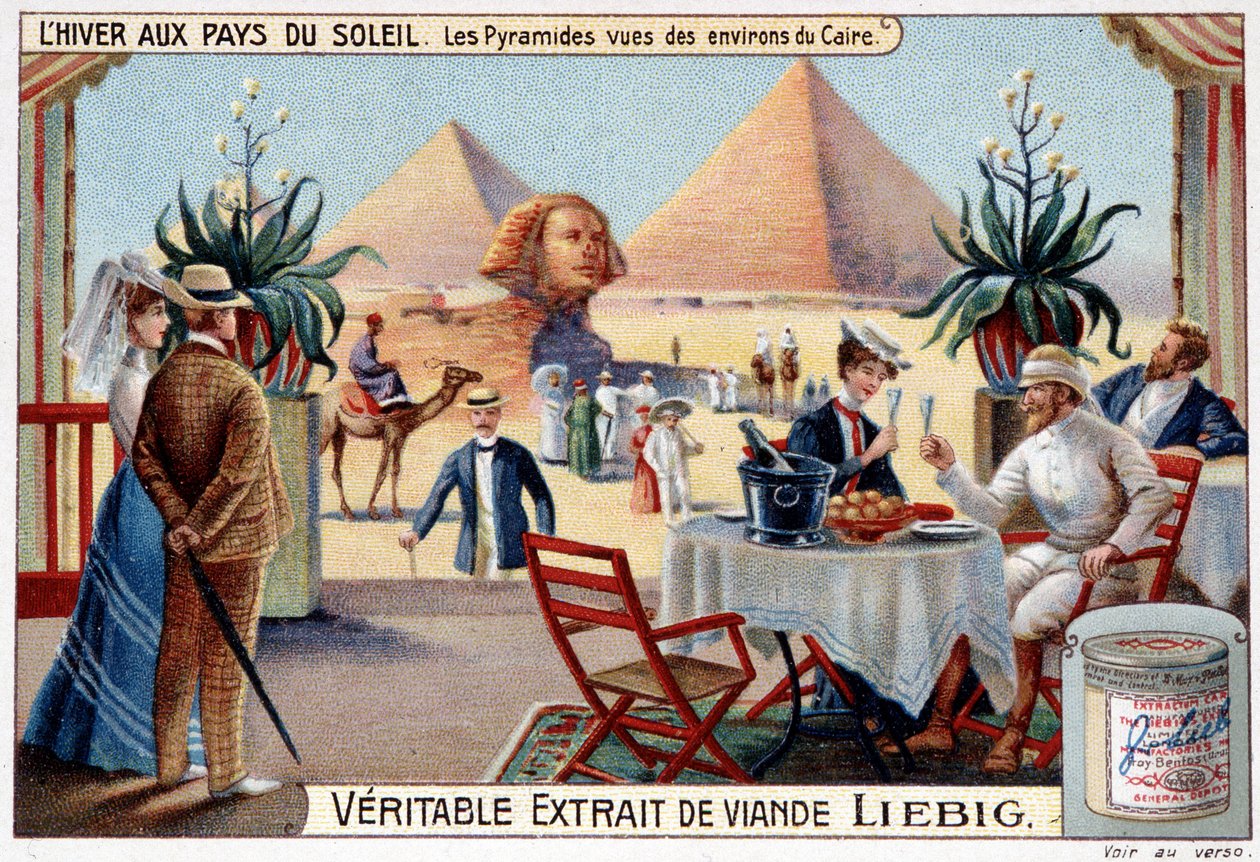 Winter in de landen van de zon: piramides gezien vanuit de omgeving van Caïro - Reclame vignet, chromo. Liebig, ca. 1900 door French School