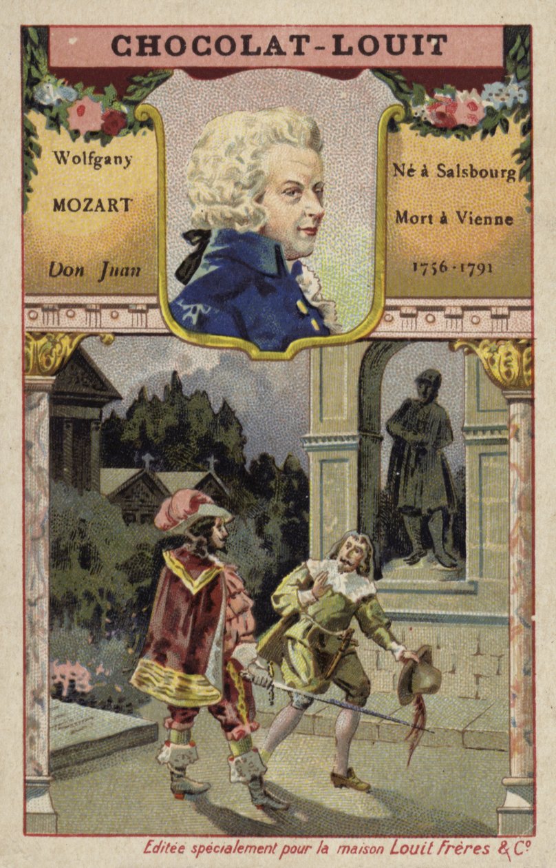 Wolfgang Amadeus Mozart, Oostenrijks componist, en een scène uit zijn opera Don Juan (chromolitho) door French School