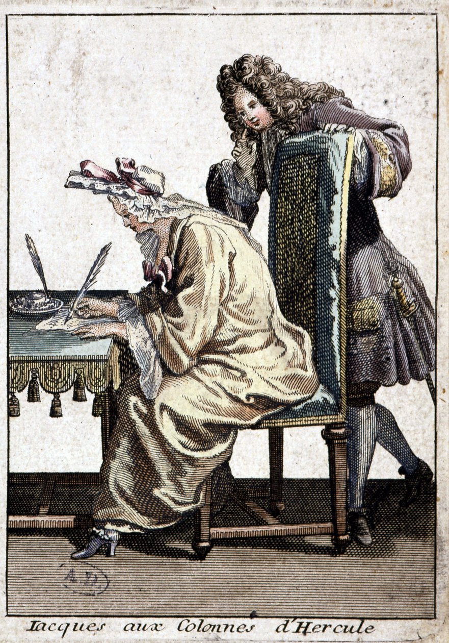 Vrouw in een hemd en slaapmuts die een brief schrijft met een man, n.d. ca. 1715 door French School
