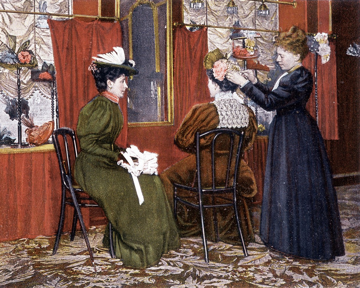 Vrouw die een dame met een hoed stylet bij de Maison Nouvelle door French School